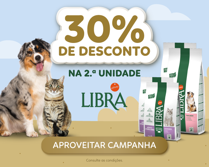 DESCONTO DE 30% na segunda unidade em todos os produtos da marca Libra! Goldpet, a loja favorita dos animais de estimação.