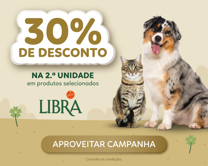 30% de desconto na segunda unidade, em produtos selecionados da marca LIBRA! Goldpet, a loja favorita dos animais de estimação.