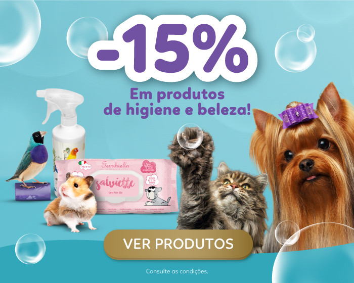 Até 15% de desconto em produtos de higiene e beleza, na loja favorita dos animais de estimação.